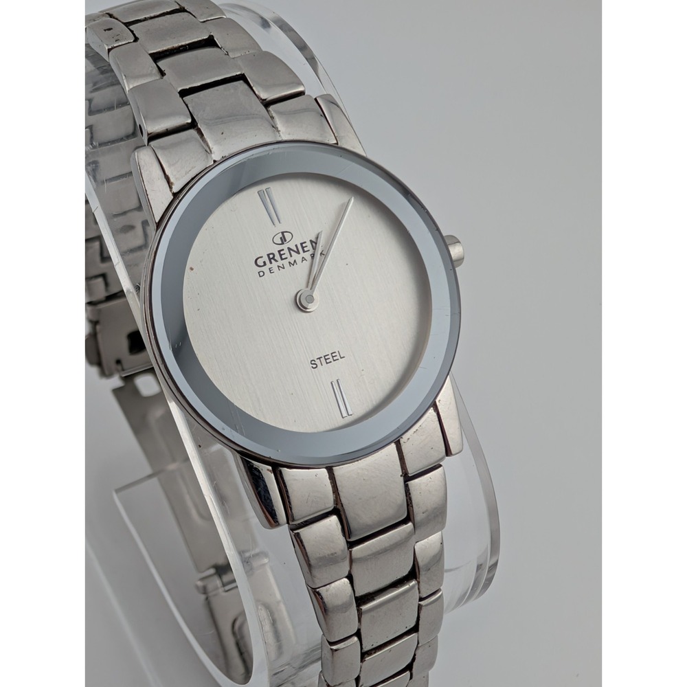Grenen Denmark Steel Watch Women 27mm Case Silver 7" Band- New Battery